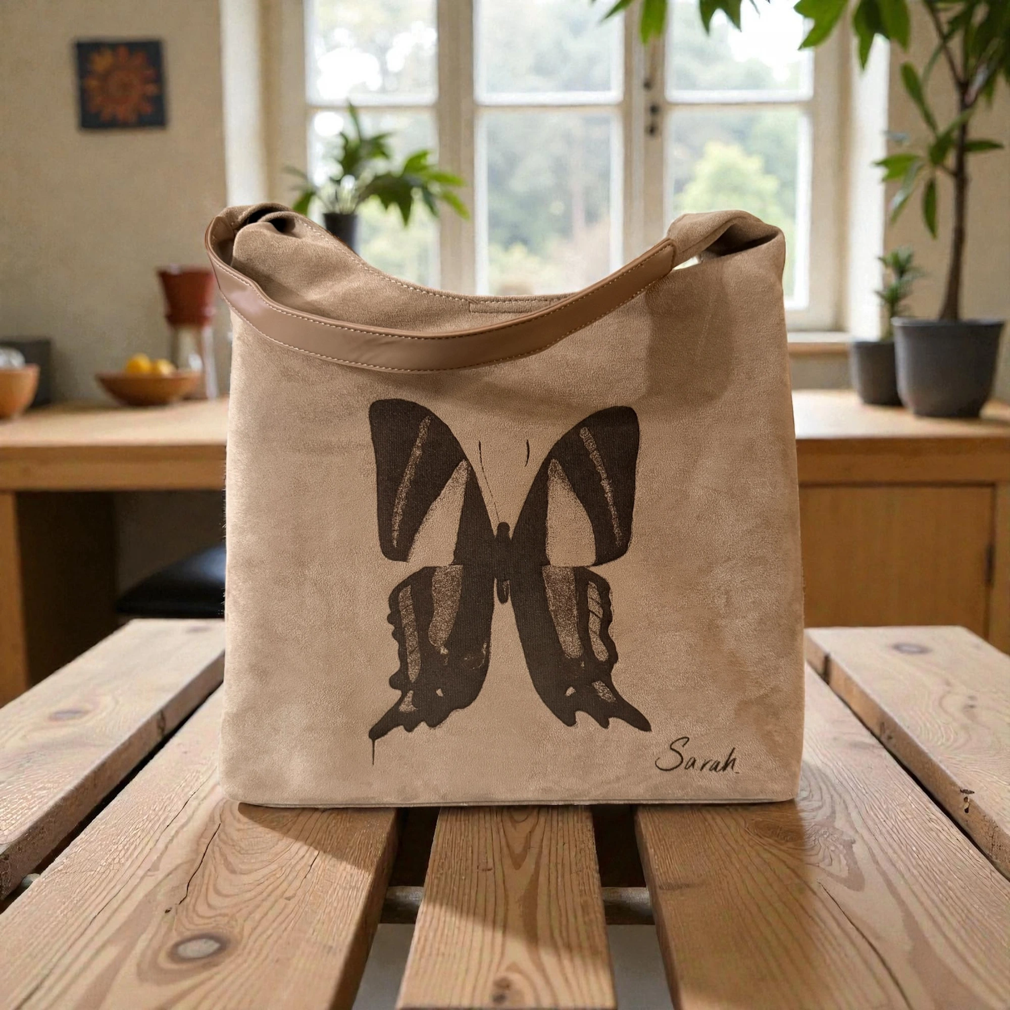 Butterfly Print Suede Bag